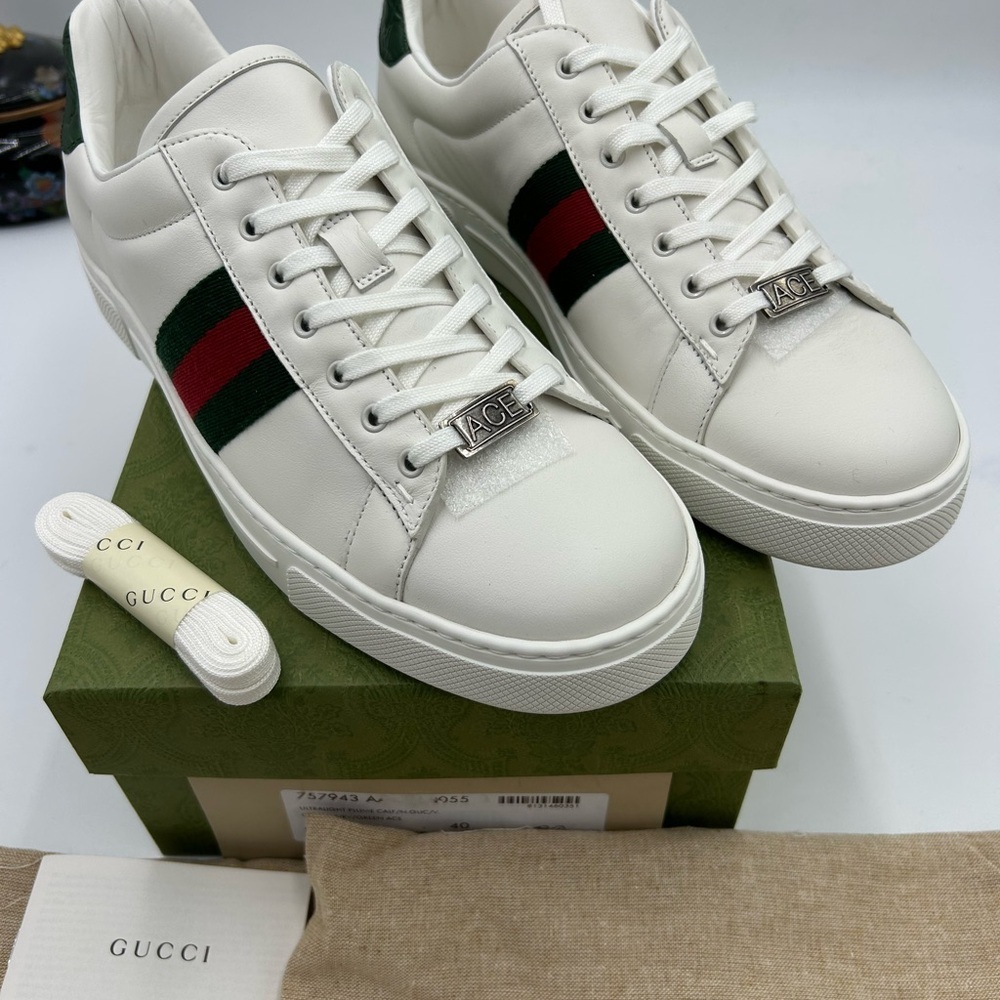 Women's Gucci, ace leather, web stripe sneakers size 40 made in Italy - Picture 3 of 13